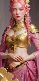 Fantasy elf princess in pink and gold attire with detailed design elements.