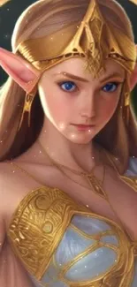 Fantasy elf princess with golden armor in a mystical setting.