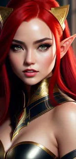 Red-haired fantasy elf warrior with gold armor and elf ears.