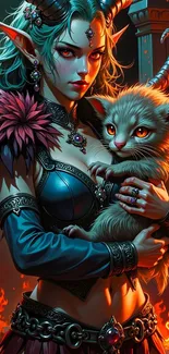 Fantasy elf holding a magical creature with fiery background.
