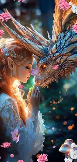 Elf woman with dragon surrounded by flowers in a fantasy scene.