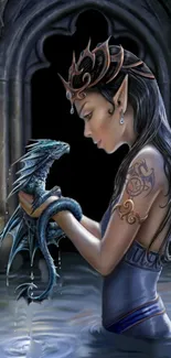 Elf with crown holds a small dragon in dark fantasy scene.