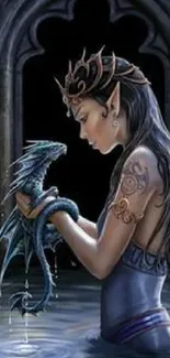 Fantasy elf woman holds a small dragon in captivating artwork.