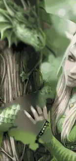 Fantasy art of an elf with a dragon in a lush forest setting.