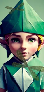 Fantasy elf in green with dragonflies on a mobile wallpaper.