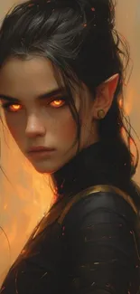 Fantasy elf with fiery eyes and dark attire in a captivating scene.