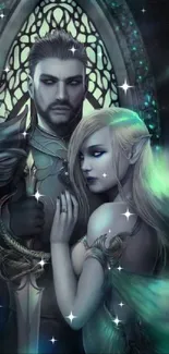 Fantasy elven couple in mystical scene.