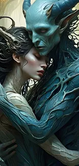 Fantasy creature and woman embrace in art.