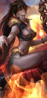 Fantasy enchantress with fiery hues in a mystical art scene.