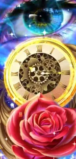 Fantasy wallpaper with eye, clock, and rose design.