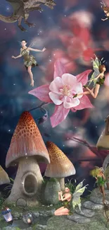 Whimsical scene with fairies, dragon, and mushroom houses.