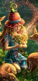 Strawberry-capped fairy with deer in a glowing forest setting.