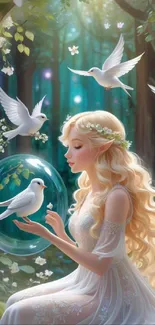 Blonde fairy in a mystical forest with doves and magical atmosphere.