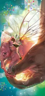 Fantasy art with fairy and elephant held gently in a large hand.