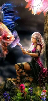 Fantasy artwork featuring a fairy and a vibrant fish under a colorful flower.