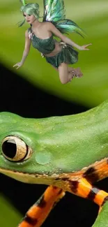 Fairy hovering above a colorful frog on green leaves.