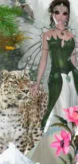 Fantasy fairy in green dress with tiger in magical forest.