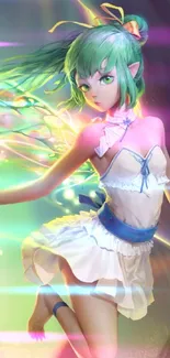 Anime fairy with green hair and vibrant wings in a magical forest scene.