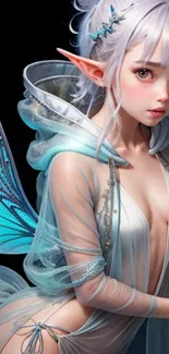 Fantasy fairy with blue wings and ethereal attire.
