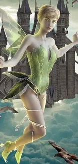 Fantasy fairy in green dress with a castle and birds.