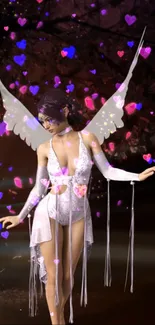 Ethereal fairy with wings and vibrant hearts in a fantasy night scene.