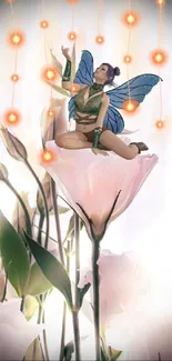 Magical fairy sitting on a flower with ambient lights in the background.