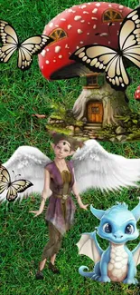 Fantasy wallpaper with fairy, dragon, mushrooms, and butterflies in lush garden.