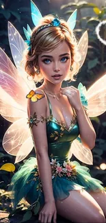 Fantasy fairy with teal wings in a magical forest.