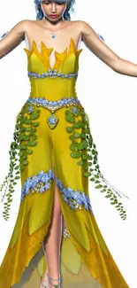 Fairy in a yellow dress with floral accents on a white background.