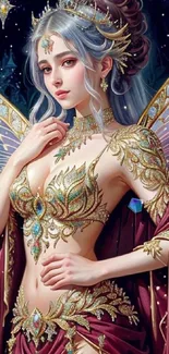 Fantasy fairy princess art with gold details and wings.