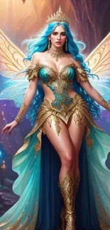 Fantasy fairy queen with wings and crown in a teal dress, enchanting scene.