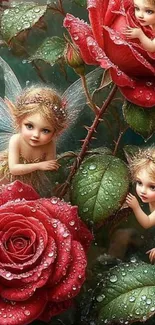 Whimsical fairies among red dewy roses in a fantasy scene.