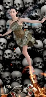 Fantasy fairy floating over skulls with fiery accents on a mobile wallpaper.