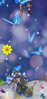 Fantasy wallpaper with blue butterflies and fairies against a dreamy night sky.