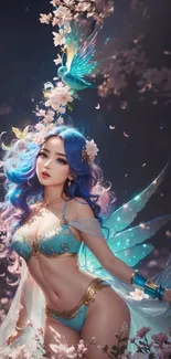 Fantasy fairy with pearl wings in vibrant setting.