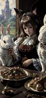 Fantasy scene with girl and rabbits at a feast.