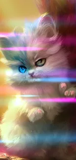 Whimsical fantasy cat with two-toned fur in colorful background.