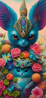 Fantasy cat artwork with vivid flowers and vibrant colors.