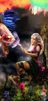 Fantasy scene with vibrant fish and fairy in colorful, dream-like setting.