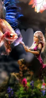 Fantasy wallpaper with fairy and glowing fish in a magical scene.