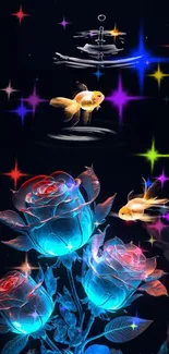 Surreal wallpaper with blue roses and goldfish on a dark background.