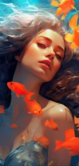 Fantasy girl surrounded by goldfish in vibrant aquarium setting.