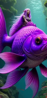 Fantasy fish with purple-haired rider in an underwater world.
