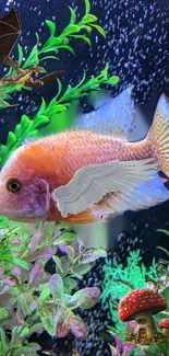 Fantasy fish with wings in an aquatic scene with bright colors and bubbles.