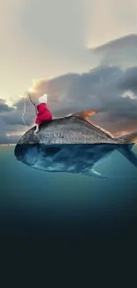 Surreal wallpaper with fisher on giant fish in ocean under a sunset sky.