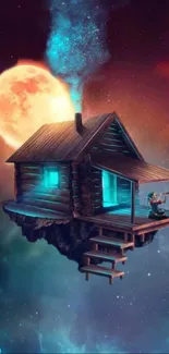 Floating cabin with glowing moon in a cosmic background.