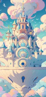 Whimsical floating castle against pastel sky wallpaper.