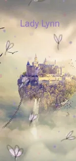 Floating castle with dreamy mystical elements in a fantasy landscape.