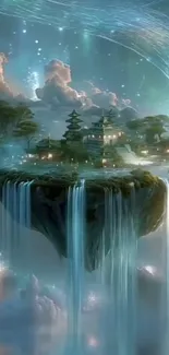 Fantasy floating island with waterfalls and clouds.