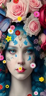 Mystical woman with blue hair and floral rose crown.